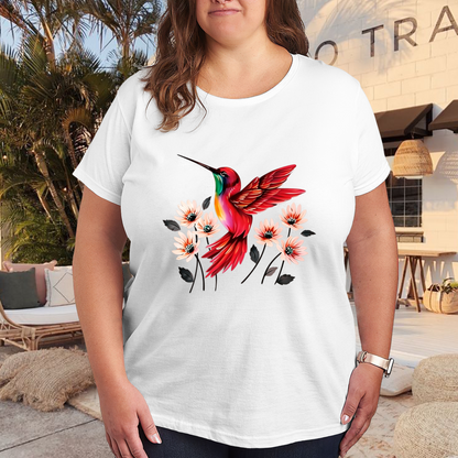 Bright Red Hummingbird Peach Floral Vintage Print Plus Size Women¡¯s Tee