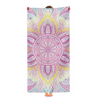 Pastel Pink Yellow Mandala Floral Beach Towel, Extra Plush Soft & Excellent Water Absorption, All Size Selections for Relaxing Yoga & Beach Lounging