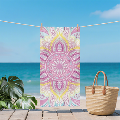 Pastel Pink Yellow Mandala Floral Beach Towel, Extra Plush Soft & Excellent Water Absorption, All Size Selections for Relaxing Yoga & Beach Lounging