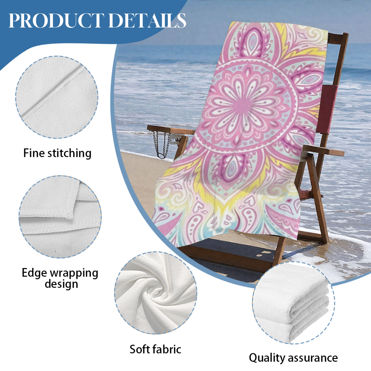 Pastel Pink Yellow Mandala Floral Beach Towel, Extra Plush Soft & Excellent Water Absorption, All Size Selections for Relaxing Yoga & Beach Lounging