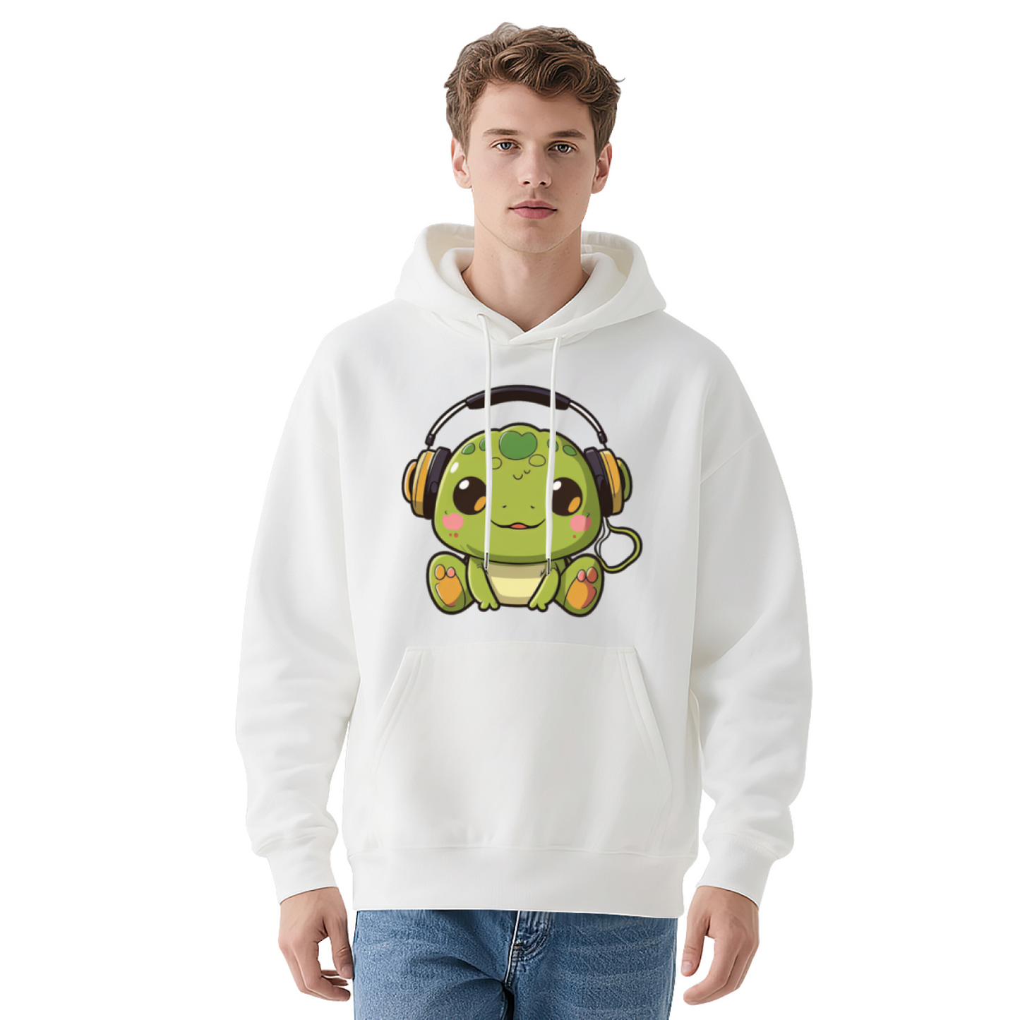 Cute Headphone Frog Kawaii White Hoodie, Soft Relax Daily Outfit