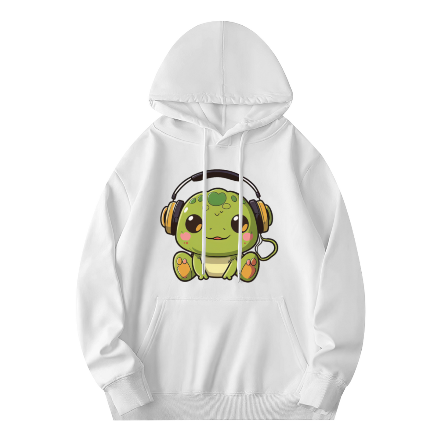 Cute Headphone Frog Kawaii White Hoodie, Soft Relax Daily Outfit