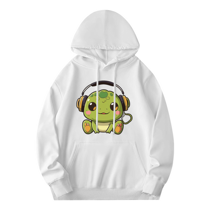 Cute Headphone Frog Kawaii White Hoodie, Soft Relax Daily Outfit