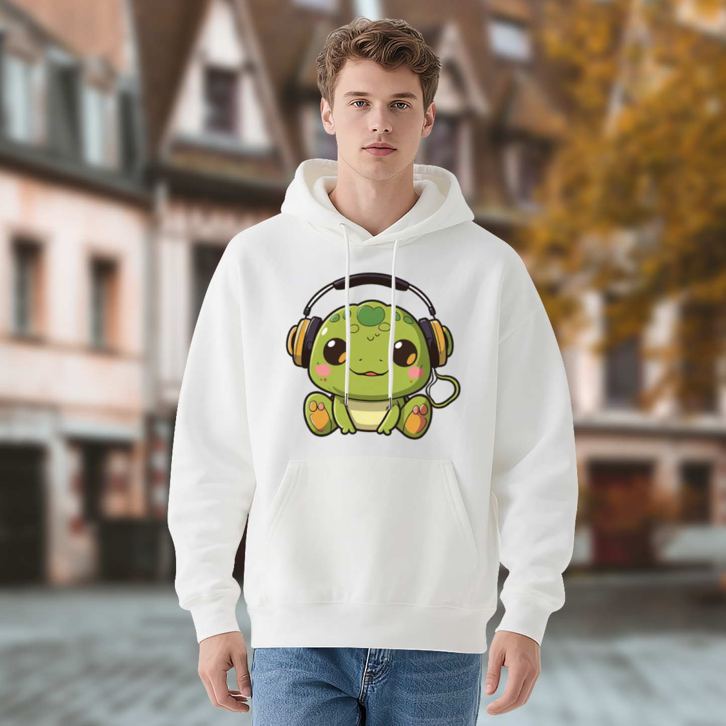 Cute Headphone Frog Kawaii White Hoodie, Soft Relax Daily Outfit