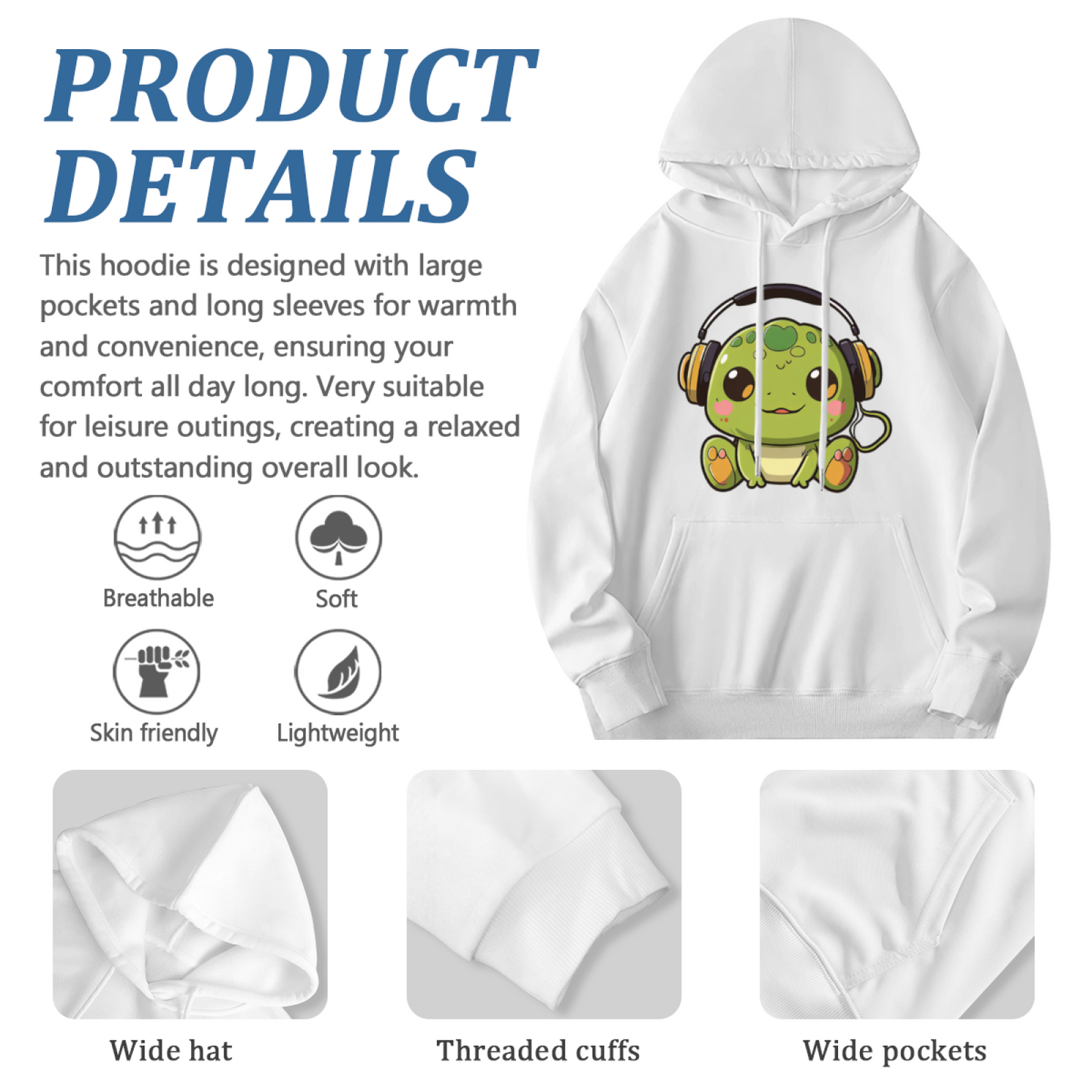 Cute Headphone Frog Kawaii White Hoodie, Soft Relax Daily Outfit