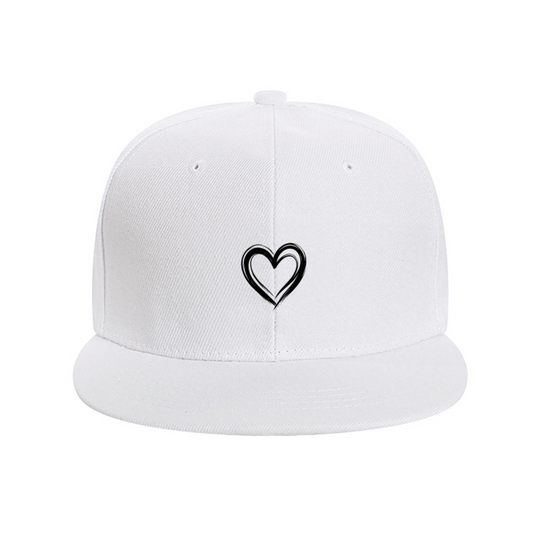 Double Outline Heart White Flat Brim Snapback Sun Hat, Cute Sweet Daily Casual Cap