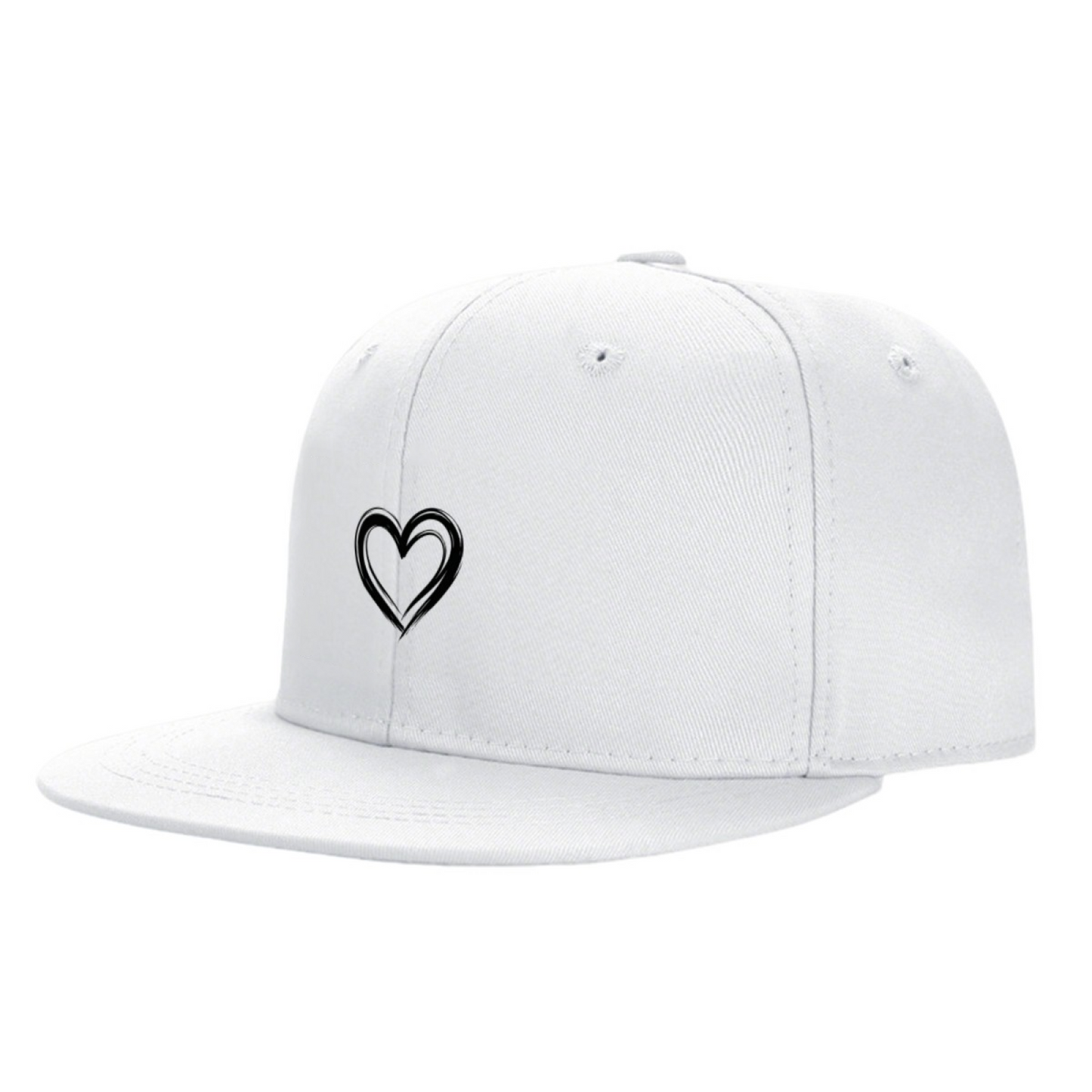 Double Outline Heart White Flat Brim Snapback Sun Hat, Cute Sweet Daily Casual Cap