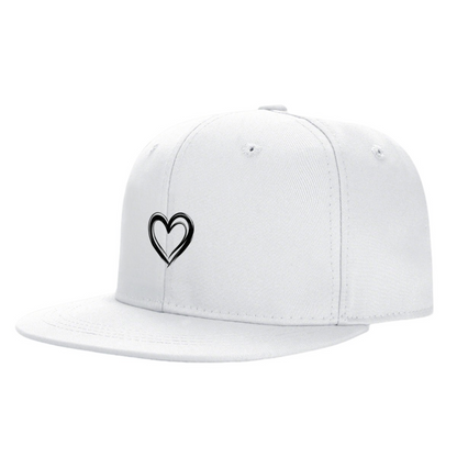 Double Outline Heart White Flat Brim Snapback Sun Hat, Cute Sweet Daily Casual Cap
