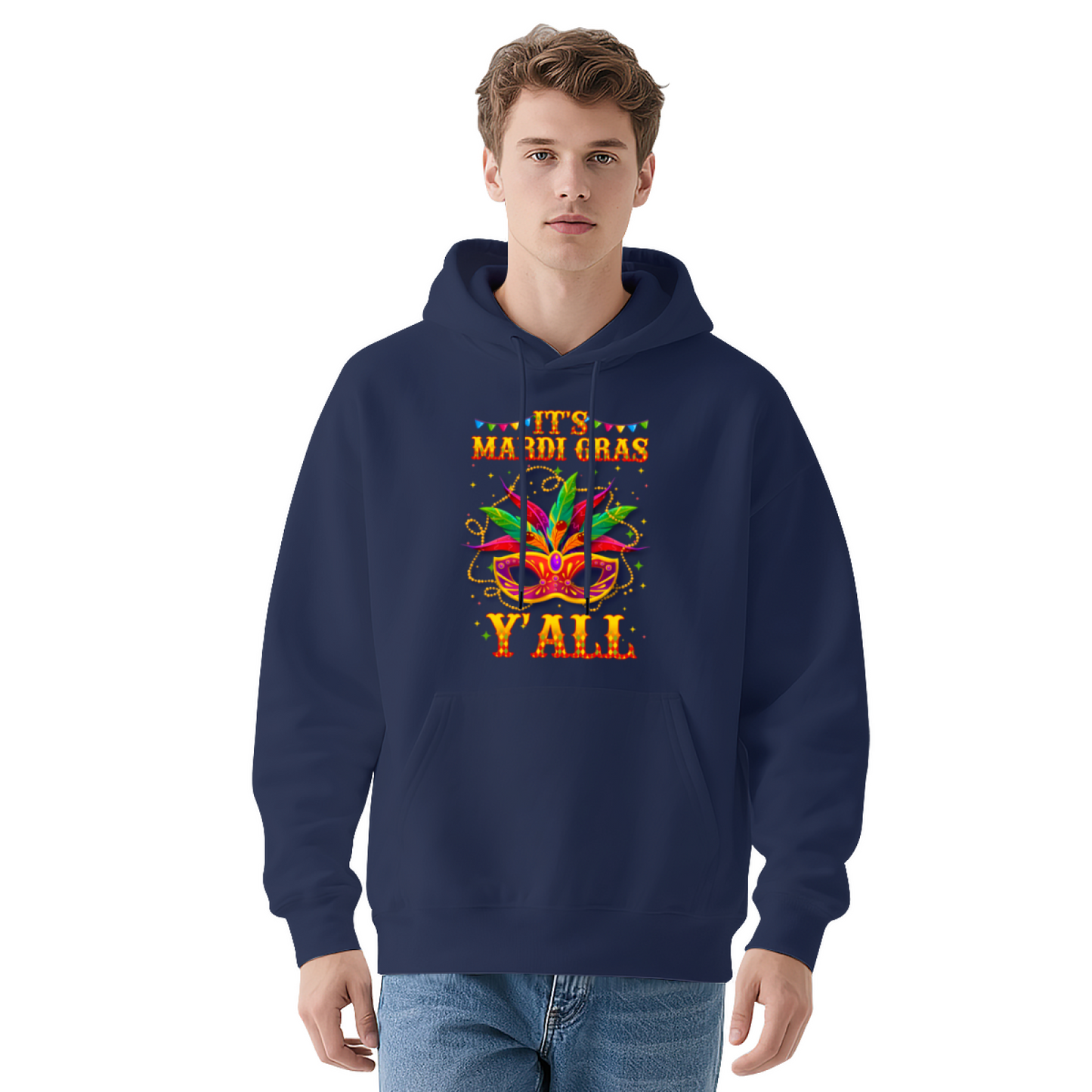 It¡¯s Mardi Gras Y¡¯all Carnival Mask Navy Hoodie, Festival Soft Party Pullover