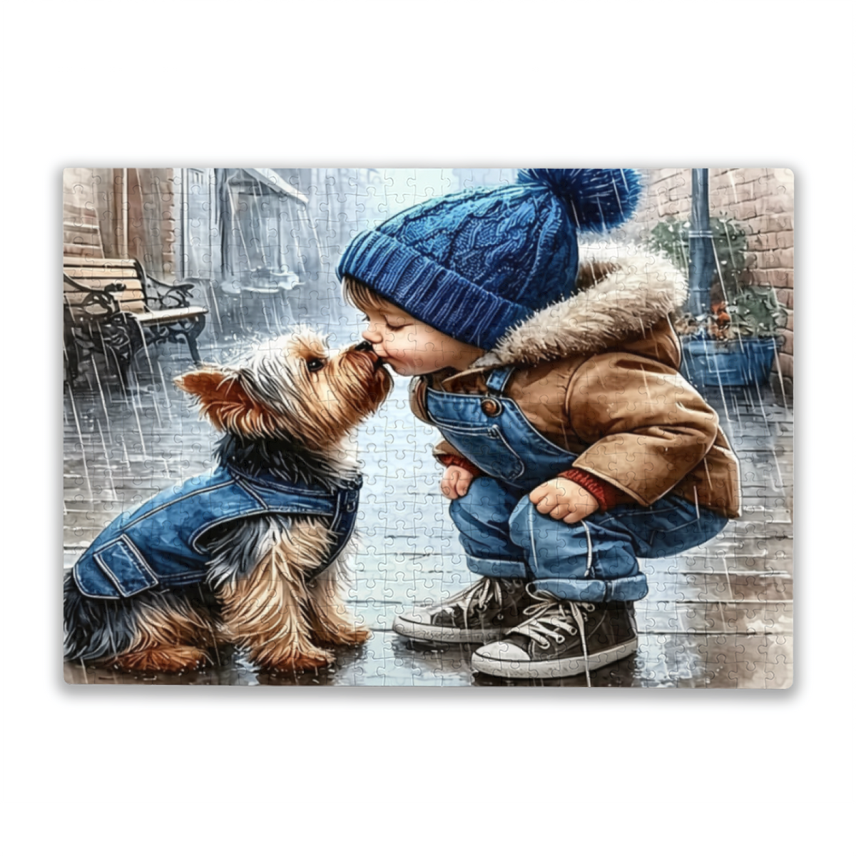 Rainy Street Sweet Kiss Between Boy & Yorkshire Puppy Puzzle
