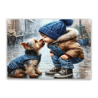 Rainy Street Sweet Kiss Between Boy & Yorkshire Puppy Puzzle