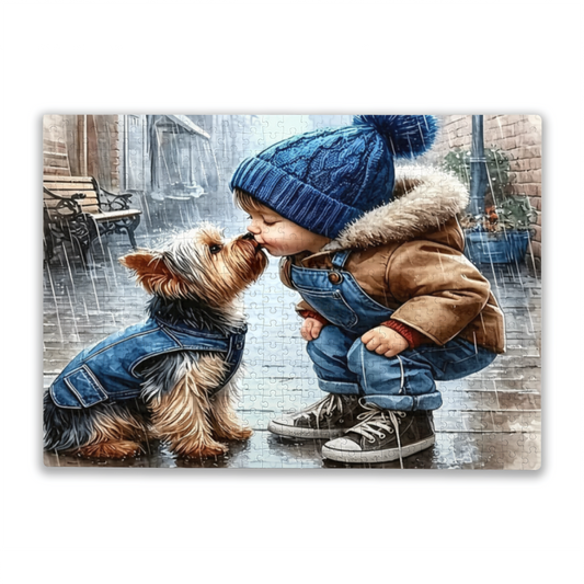 Rainy Street Sweet Kiss Between Boy & Yorkshire Puppy Puzzle