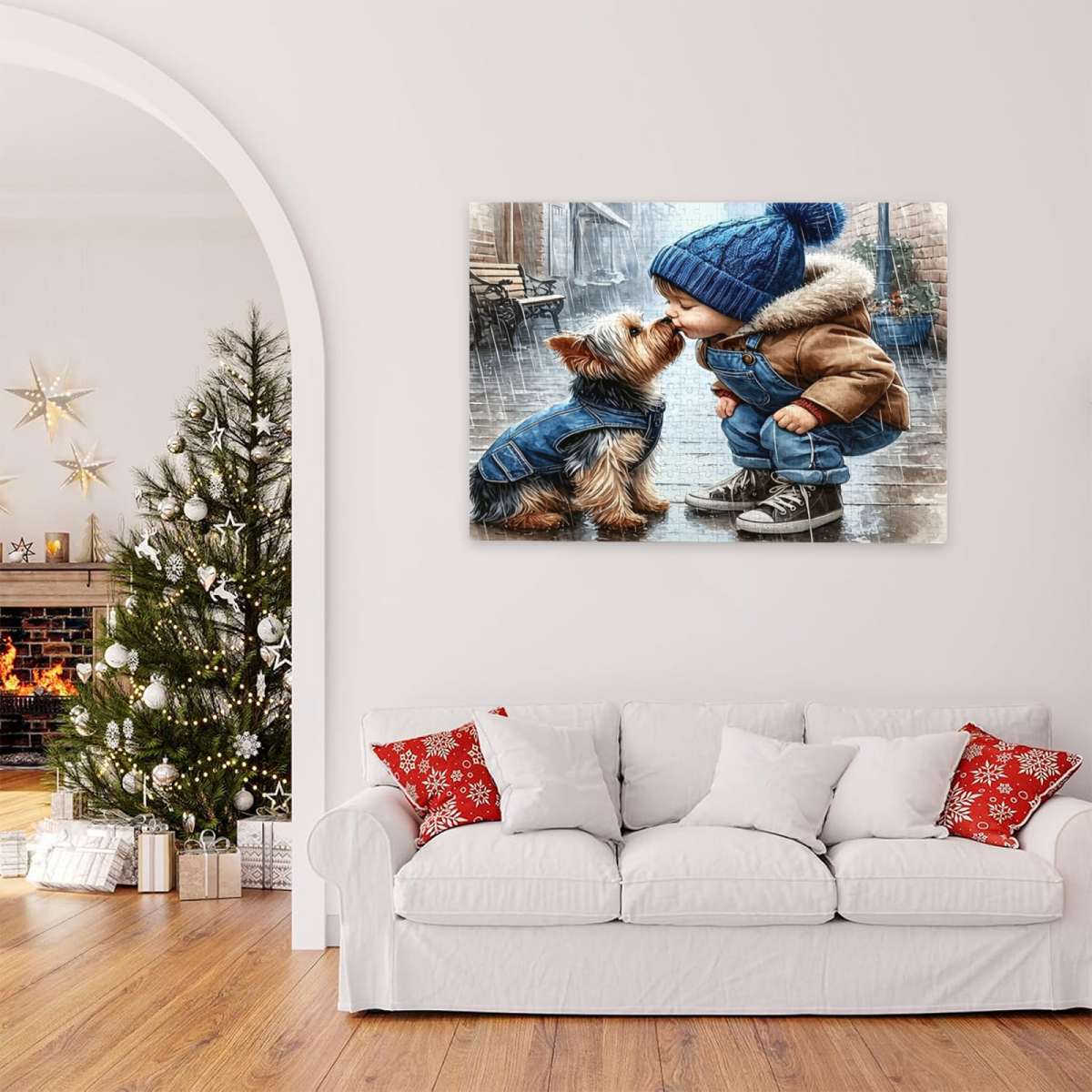 Rainy Street Sweet Kiss Between Boy & Yorkshire Puppy Puzzle