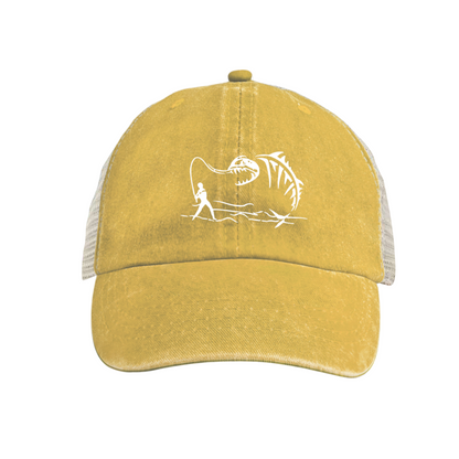 Angler & Monster Fish Skeleton Graphic Washed Trucker Hat Fishing Outdoor Mesh Cap