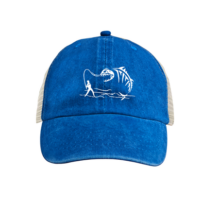 Angler & Monster Fish Skeleton Graphic Washed Trucker Hat Fishing Outdoor Mesh Cap