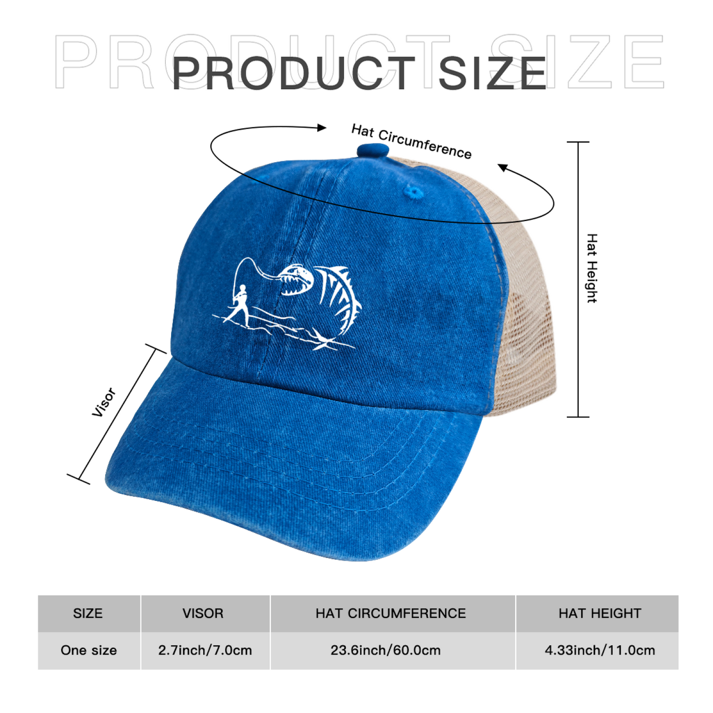 Angler & Monster Fish Skeleton Graphic Washed Trucker Hat Fishing Outdoor Mesh Cap