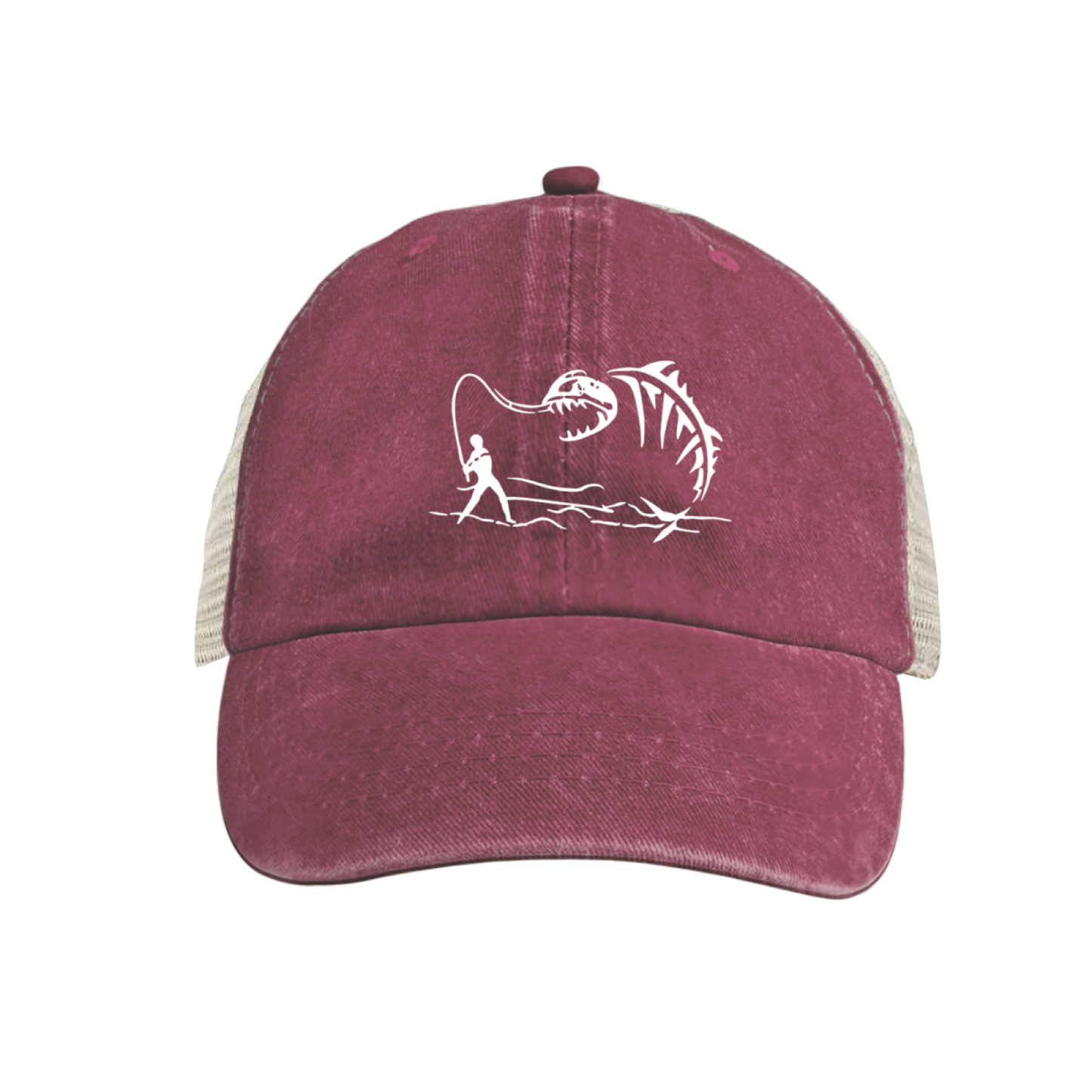Angler & Monster Fish Skeleton Graphic Washed Trucker Hat Fishing Outdoor Mesh Cap
