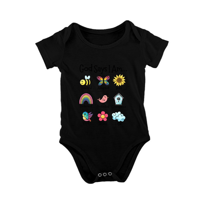 God Says I Am Colorful Cartoon Christian Baby Shower Onesie