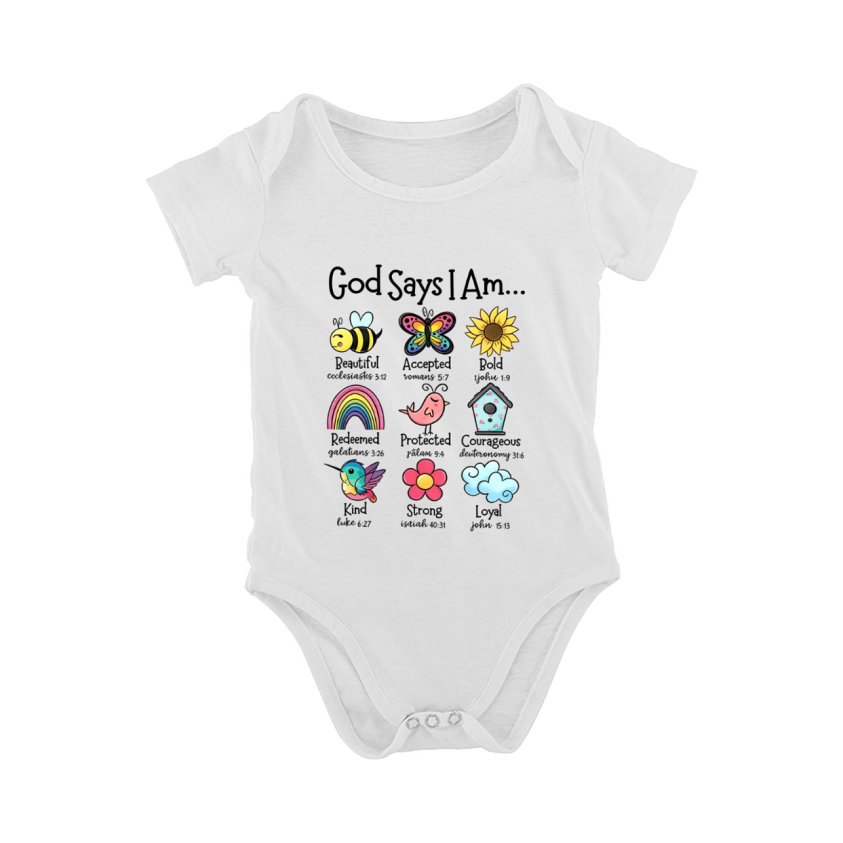 God Says I Am Colorful Cartoon Christian Baby Shower Onesie