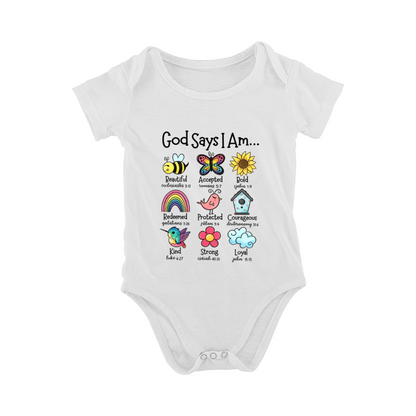 God Says I Am Colorful Cartoon Christian Baby Shower Onesie