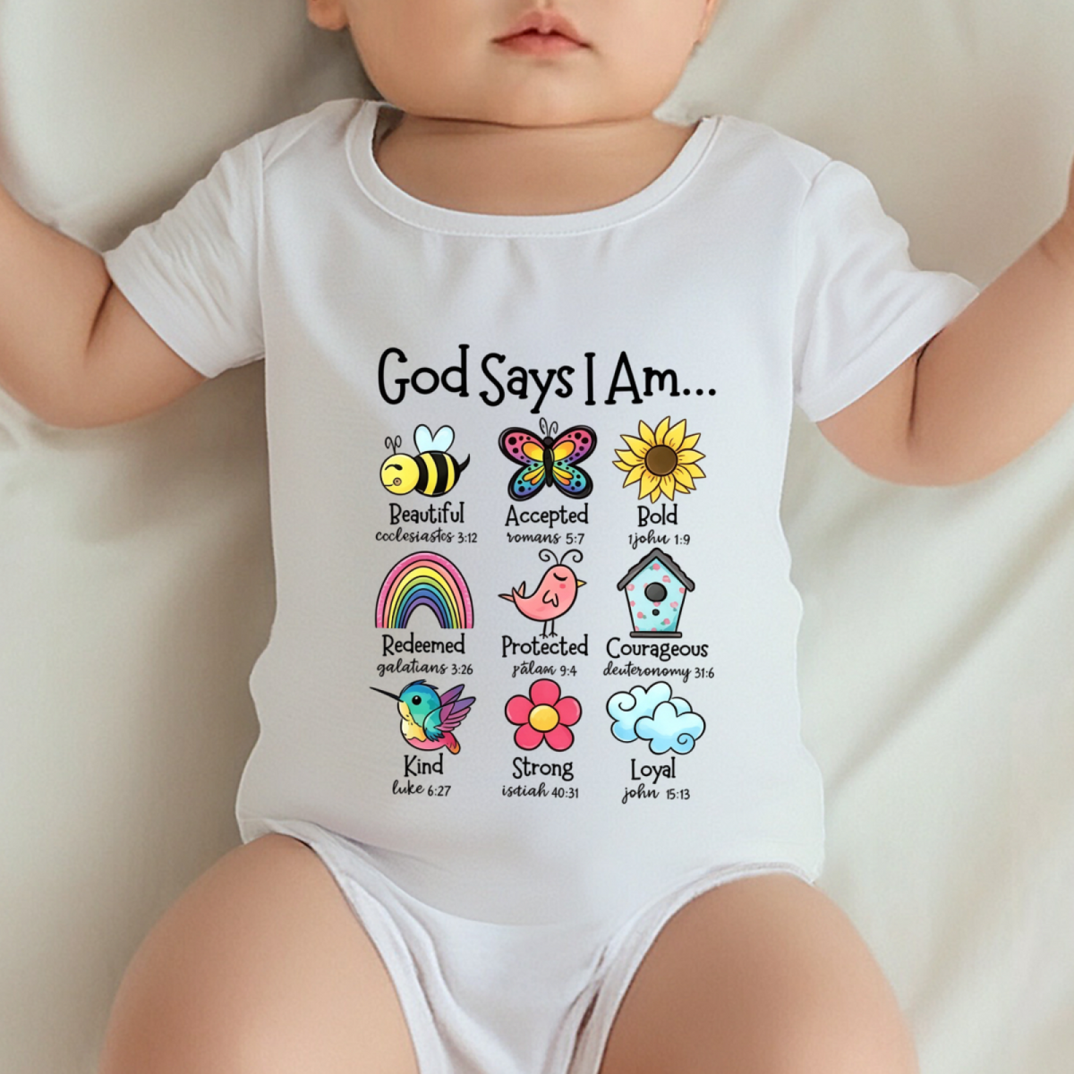 God Says I Am Colorful Cartoon Christian Baby Shower Onesie