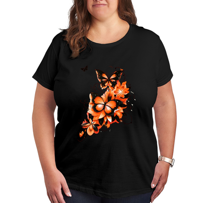 Fiery Orange Floral Black Butterfly Splash Art Print Plus Size Women White T-Shirt