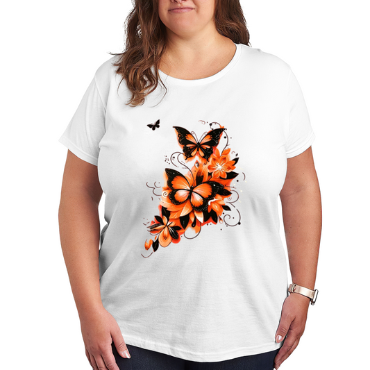 Fiery Orange Floral Black Butterfly Splash Art Print Plus Size Women White T-Shirt