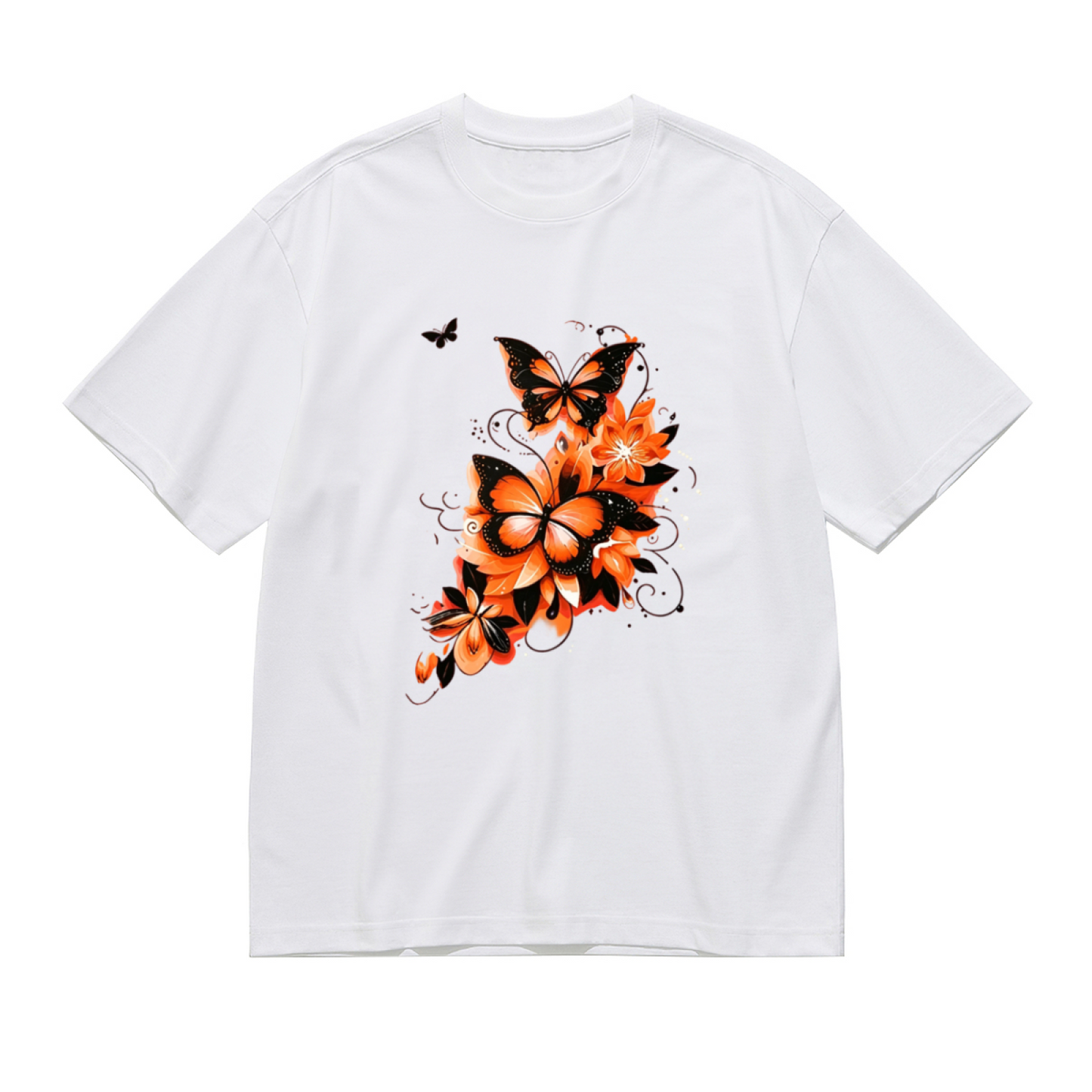 Fiery Orange Floral Black Butterfly Splash Art Print Plus Size Women White T-Shirt