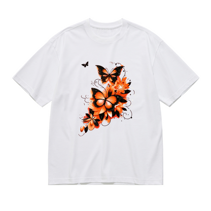 Fiery Orange Floral Black Butterfly Splash Art Print Plus Size Women White T-Shirt