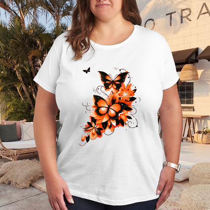 Fiery Orange Floral Black Butterfly Splash Art Print Plus Size Women White T-Shirt