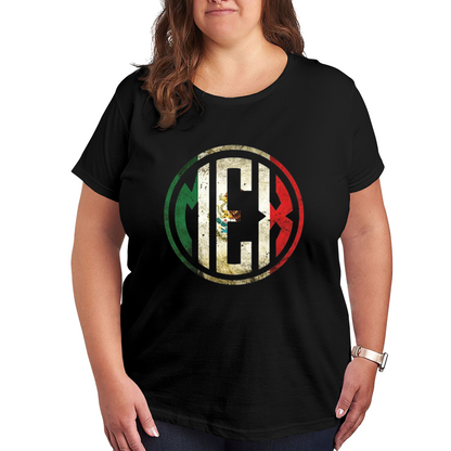 Retro MEX Circle Mexico Flag National Pride Plus Size Women's Printed T-Shirt