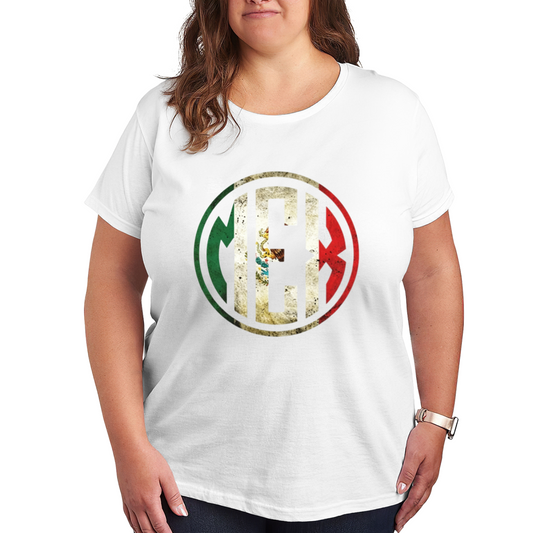 Retro MEX Circle Mexico Flag National Pride Plus Size Women's Printed T-Shirt