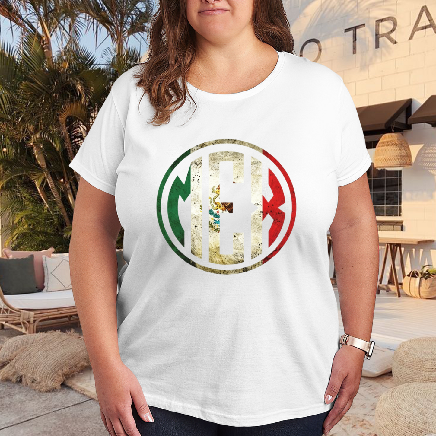 Retro MEX Circle Mexico Flag National Pride Plus Size Women's Printed T-Shirt