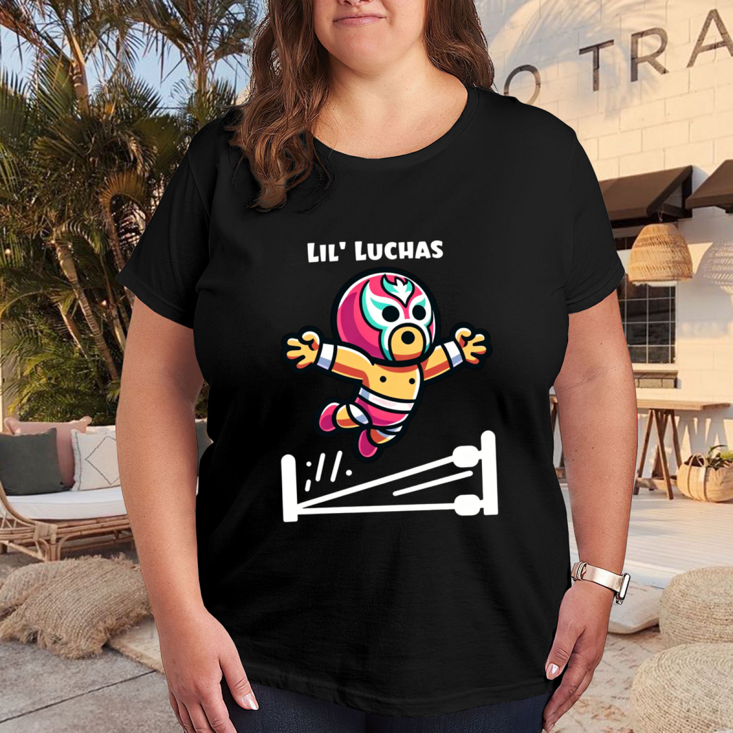Cute Cartoon Luchador Wrestler Lil Luchas Plus Size Women¡¯s Black Graphic Tee