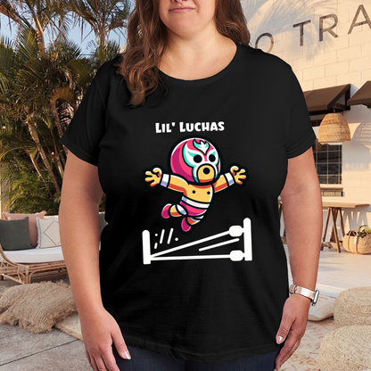 Cute Cartoon Luchador Wrestler Lil Luchas Plus Size Women¡¯s Black Graphic Tee