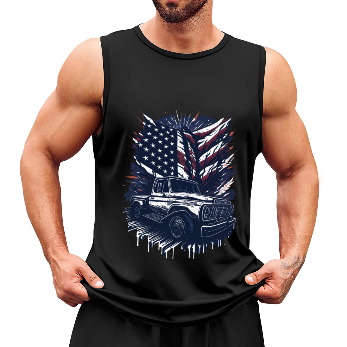 Patriotic Vintage Pickup Truck American Flag Graphic Tank Top