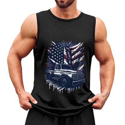 Patriotic Vintage Pickup Truck American Flag Graphic Tank Top