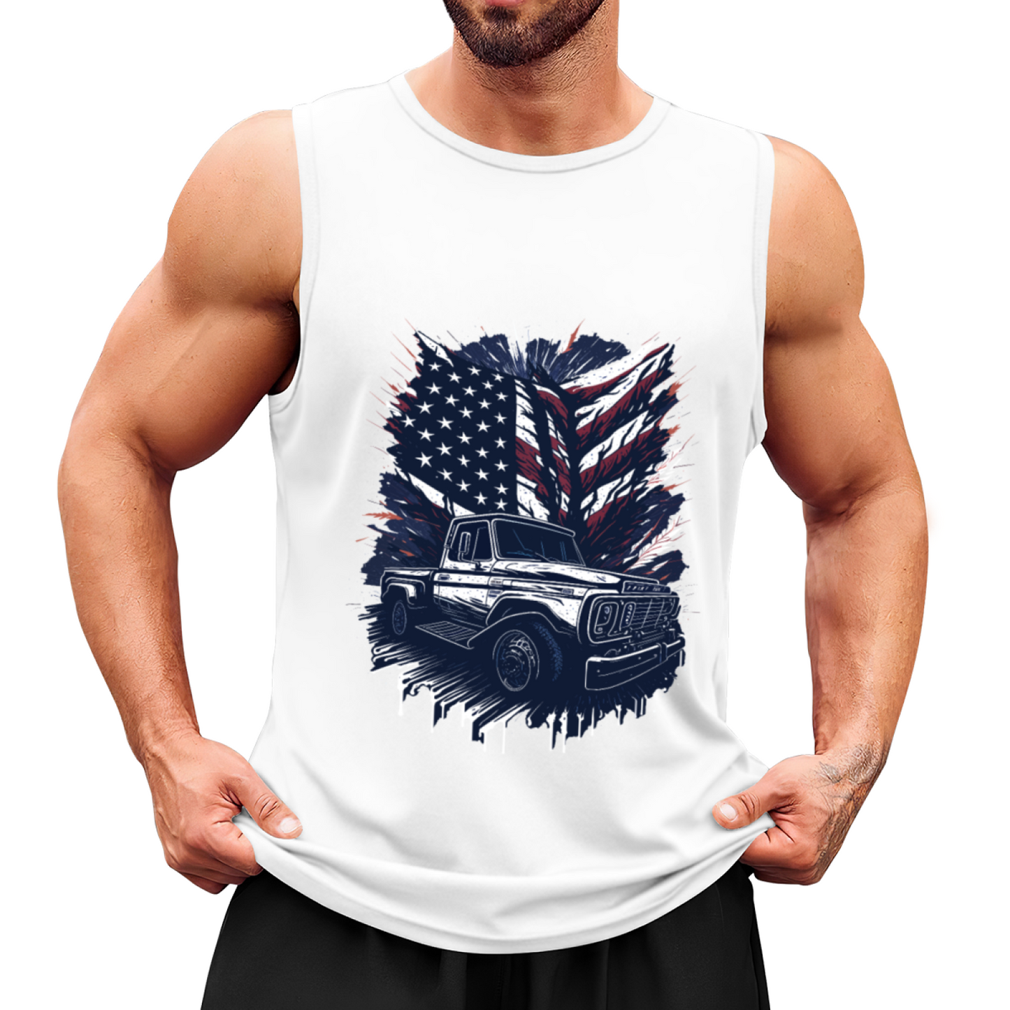 Patriotic Vintage Pickup Truck American Flag Graphic Tank Top