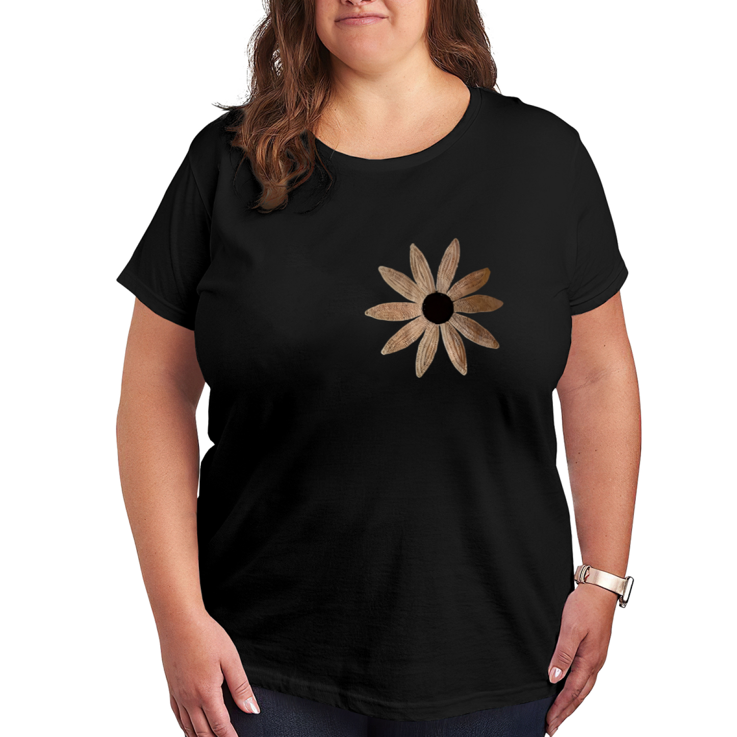 Minimalist Neutral Sunflower Sketch Plus Size Women Printed T-Shirt