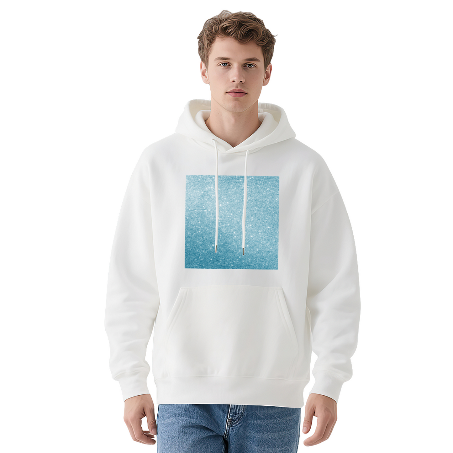 Blue Glitter Square Minimal White Hoodie, Light Comfort Simple Daily Hooded Top
