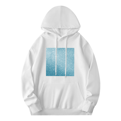 Blue Glitter Square Minimal White Hoodie, Light Comfort Simple Daily Hooded Top
