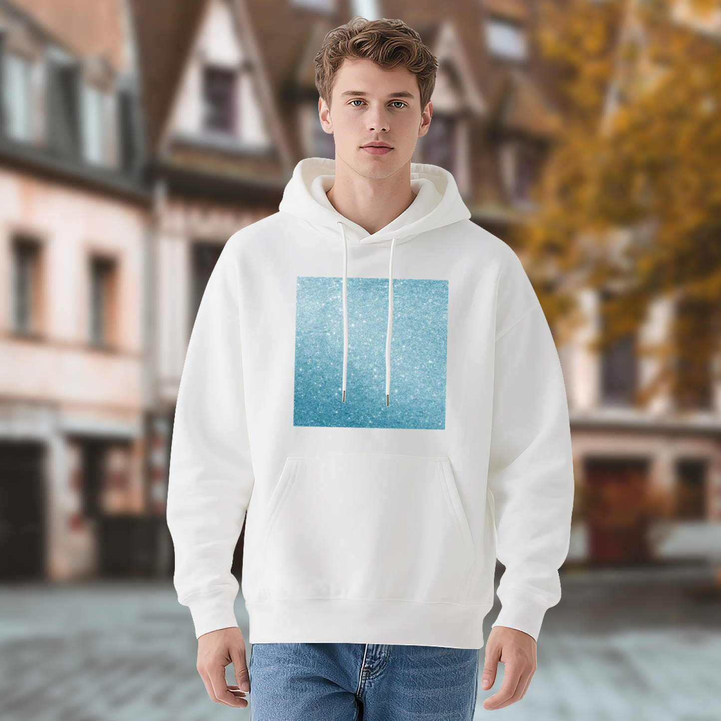 Blue Glitter Square Minimal White Hoodie, Light Comfort Simple Daily Hooded Top
