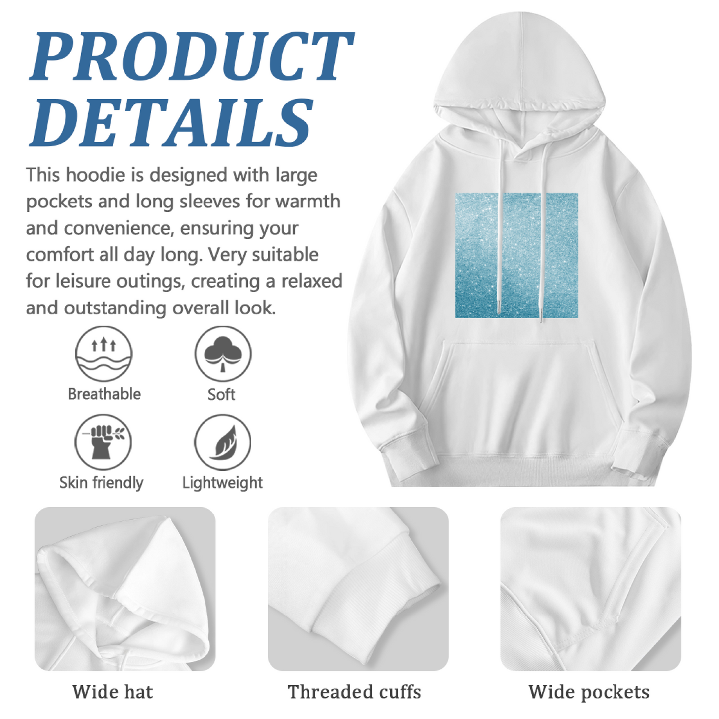 Blue Glitter Square Minimal White Hoodie, Light Comfort Simple Daily Hooded Top
