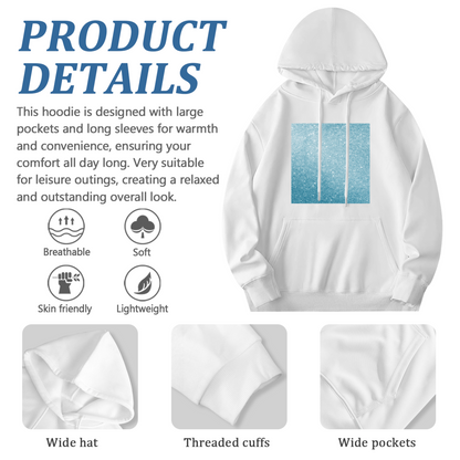 Blue Glitter Square Minimal White Hoodie, Light Comfort Simple Daily Hooded Top