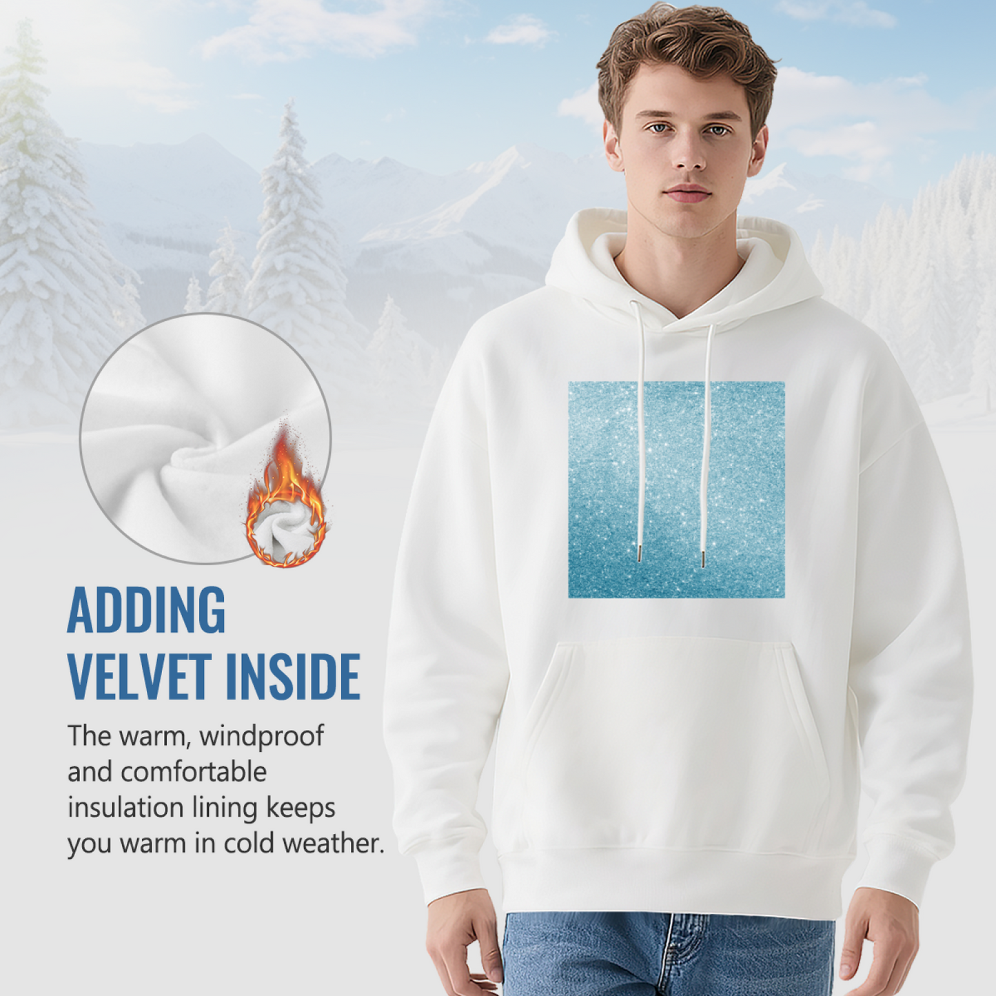 Blue Glitter Square Minimal White Hoodie, Light Comfort Simple Daily Hooded Top