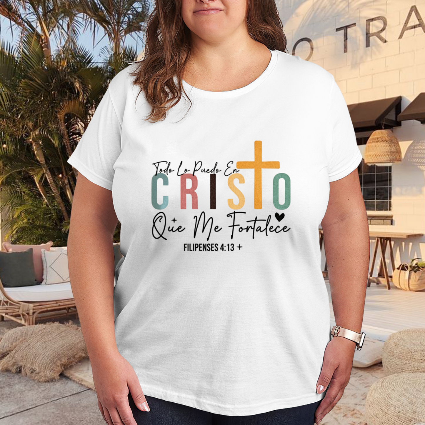 Spanish Christian Scripture Cross Faith Plus Size Women Printed T-Shirt