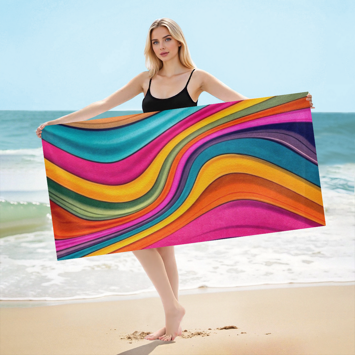 Vibrant Rainbow Wavy Stripe Print Beach Towel, Multiple Sizes Available, Ultra Soft, Super Water Absorbent & Skin?Friendly for Beach Pool Vacation Lounging