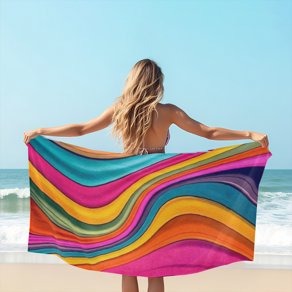 Vibrant Rainbow Wavy Stripe Print Beach Towel, Multiple Sizes Available, Ultra Soft, Super Water Absorbent & Skin?Friendly for Beach Pool Vacation Lounging