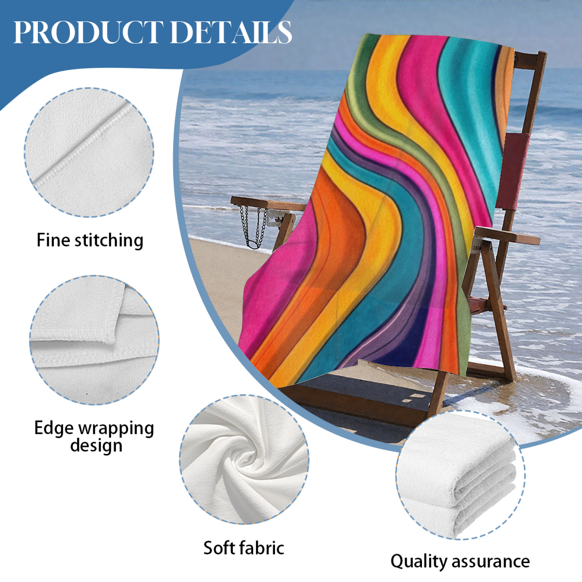 Vibrant Rainbow Wavy Stripe Print Beach Towel, Multiple Sizes Available, Ultra Soft, Super Water Absorbent & Skin?Friendly for Beach Pool Vacation Lounging