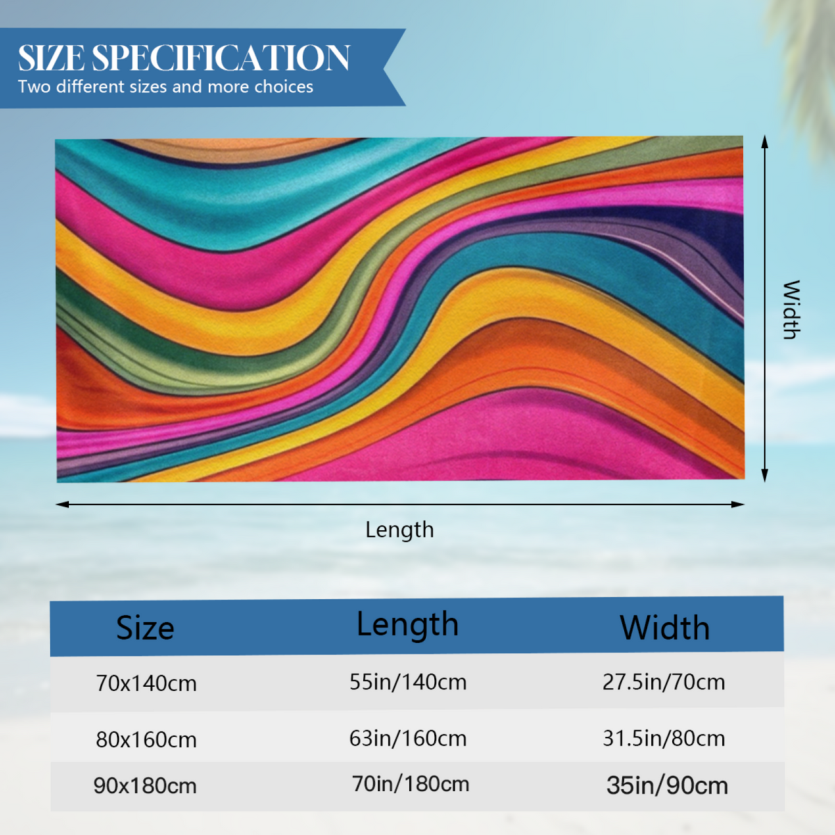 Vibrant Rainbow Wavy Stripe Print Beach Towel, Multiple Sizes Available, Ultra Soft, Super Water Absorbent & Skin?Friendly for Beach Pool Vacation Lounging